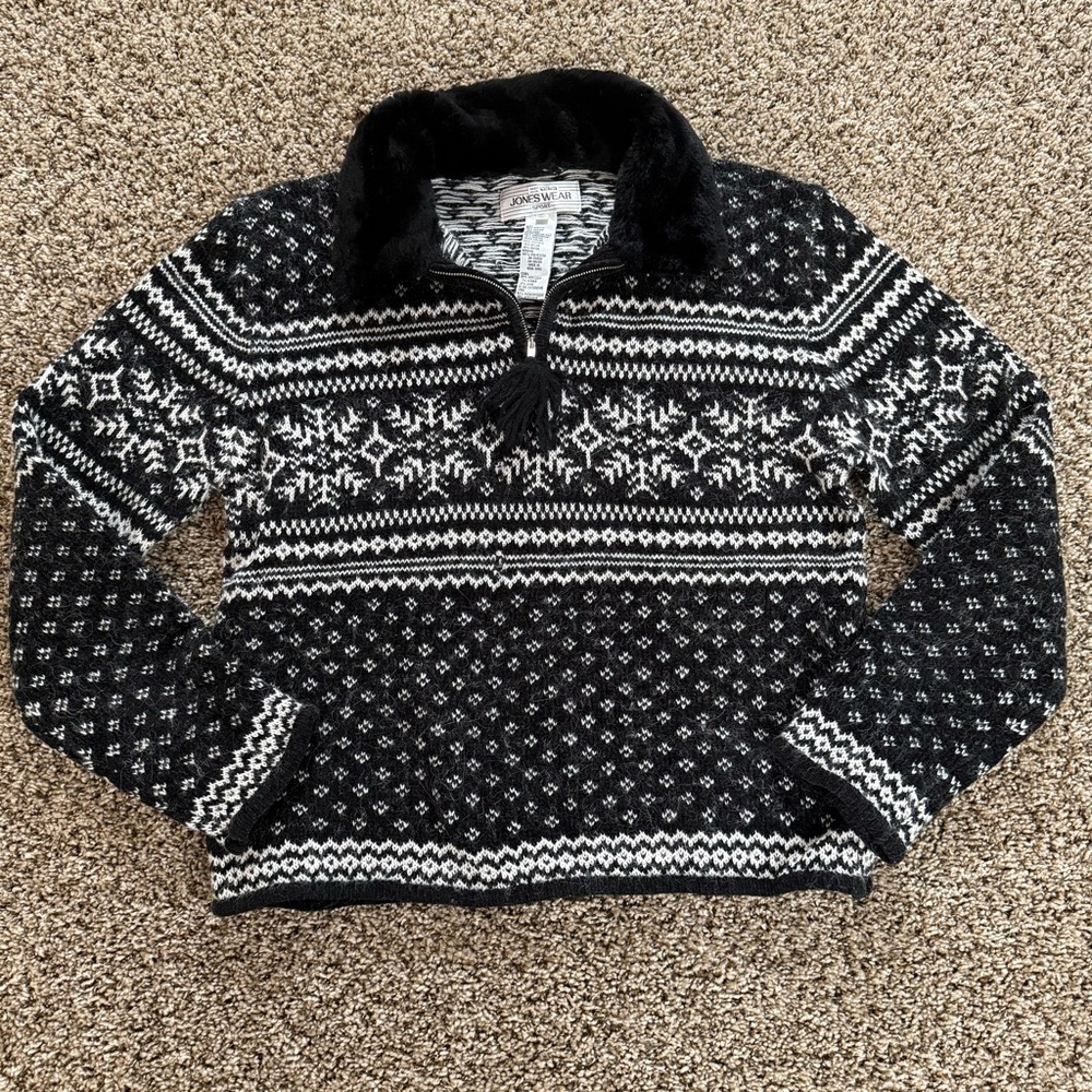 VTG Jones Wear Sport Womens L Fair Isle 1/4 Zip Pullover Sweater Faux Fur Collar
